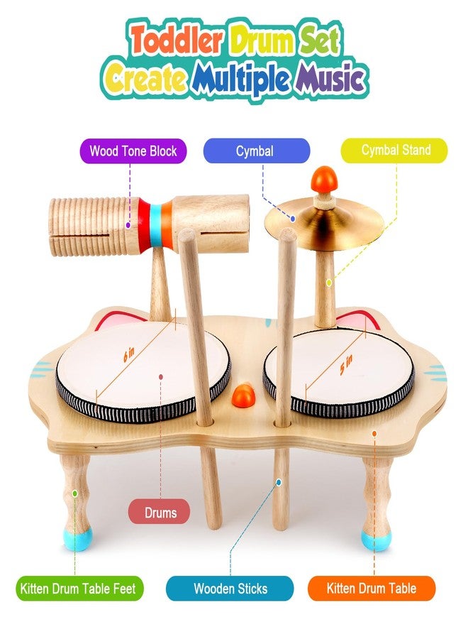 WINGYZ Kids Drum Set - 6-in-1 Wooden Musical Instruments for Toddlers 1-3, Montessori Baby Music Set with Drums, Cymbal & Tone Block, FSC-Certified Cat Design Table for Home & Classroom Learning Gift - Image 5